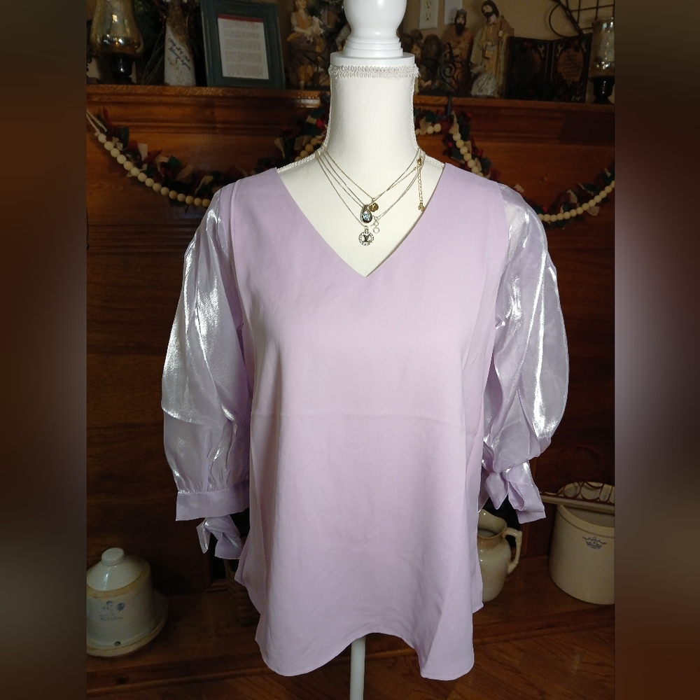 Easel Lilac Elegant Blouse With Sheer Irredescent Sleeves